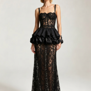 Black Lace Corset Peplum Mermaid Evening Gown